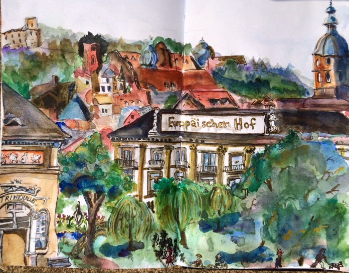 Illustration:  Watercolor, ink wash, Faber & Castell gold Pitt artist's pen, and Gelly Roll white pen (view from a park in Baden-Baden)